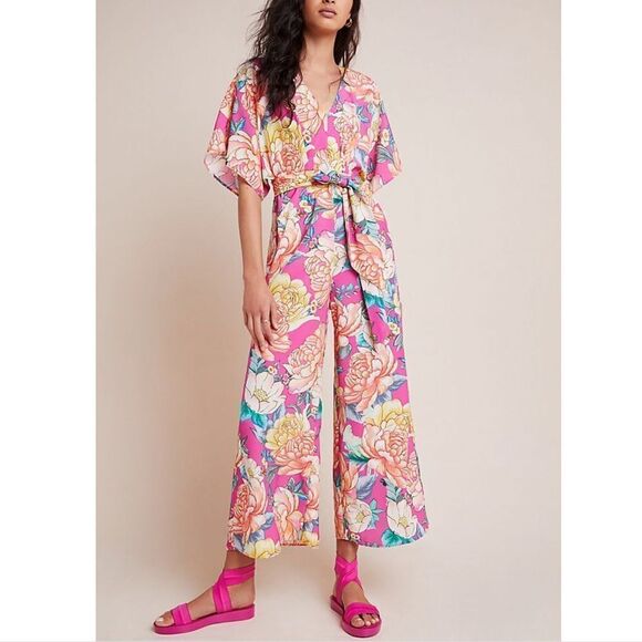 Anthropologie Farm Rio Eulalie Wide-Leg Jumpsuit Floral Pastel Size Small New - Picture 1 of 16